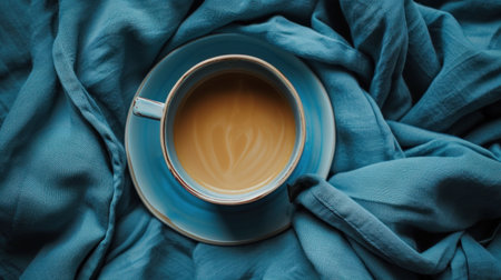 a cup of coffee sits in an empty cup, blanket, and saucer,.の素材
