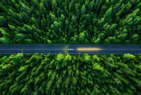 car driving along the road in the forest.の素材