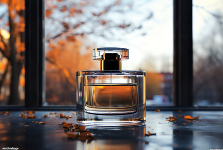 a perfume bottle on a table in front of the window.の素材