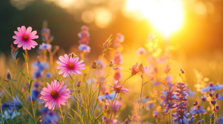 Wildflowers, buzzing bees, and a vibrant sun bring spring's lively spirit.の素材