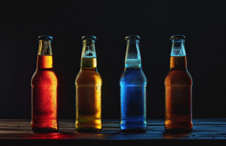 different colored beer bottles in line.の素材