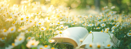 open book on a meadow with daisies.の素材