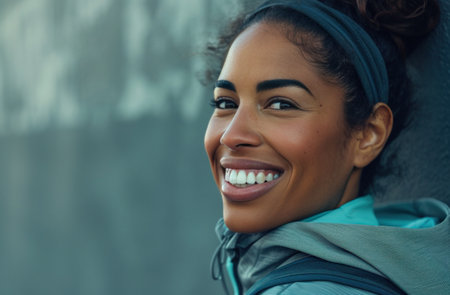 woman in workout gear as she smiles.の素材