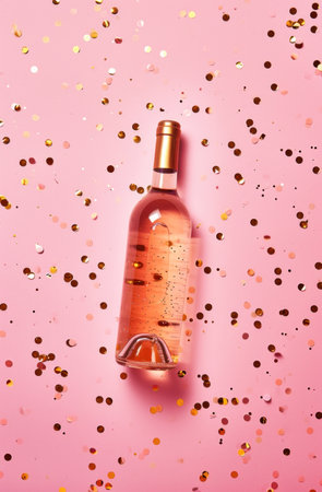 a bottle of wine is flying in the air on a pink background.の素材