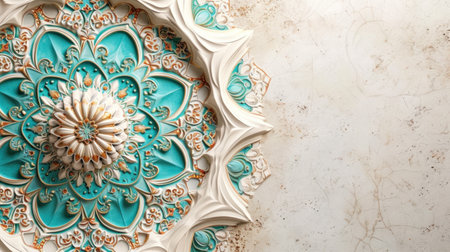 Soft hues, intricate patterns, and calligraphy evoke a serene Ramadan atmosphere with copy space.の素材