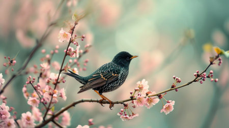 Singing birds, musical notes, and blossoming branches set a harmonious scene.の素材