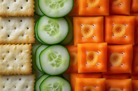 sliced crackers with carrots and cucumber.の素材