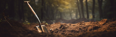 a shovel digging the ground in woodlands concept of nature on the ground.の素材