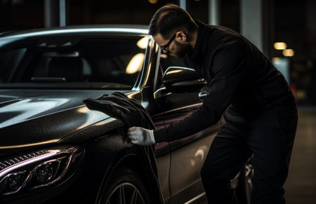 a man cleaning his automobile with a cloth.の素材