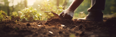 a hand digging into a ground is in focus at the edge of a clearing.の素材