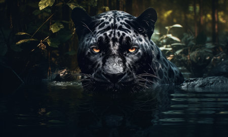 a majestic black panther in the water.の素材