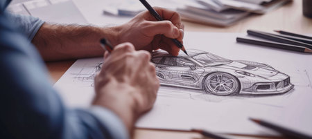 a man drawing a car on paper.の素材