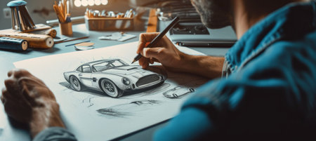 a man drawing a car on paper.の素材