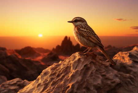 a miniature brown bird sits on the rock at sunset.の素材