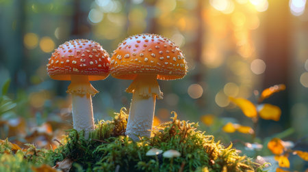 A cluster of yellow mushrooms are seen sitting on top of a vibrant, green field.の素材