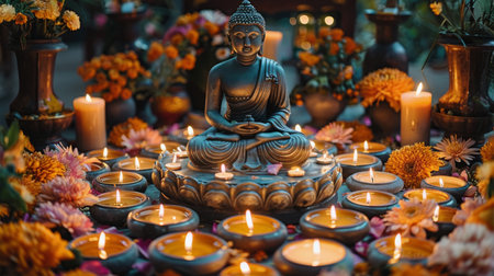 A buddha statue is surrounded by candles and flowers in a serene setting.の素材