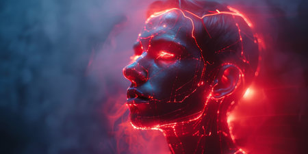 A woman wearing a red and yellow outfit is standing in a vibrant setting.の素材