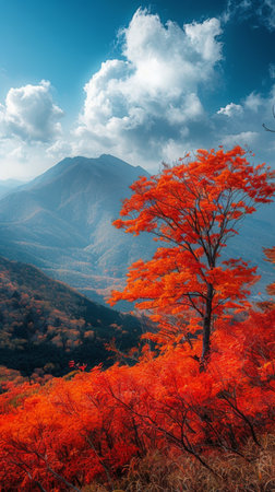 A striking mountain range dominates the background as a lone tree stands in the foreground, creating a stunning contrast of natures beauty.の素材