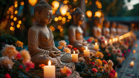 A buddha statue is surrounded by candles and flowers in a serene setting.の素材