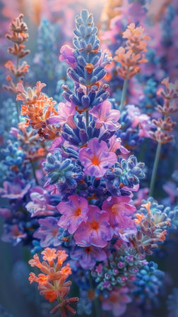 A cluster of various colorful flowers growing in the lush green grass, creating a vibrant and picturesque scene in nature.の素材