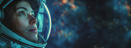 A woman wearing a space suit with striking blue eyes.の素材