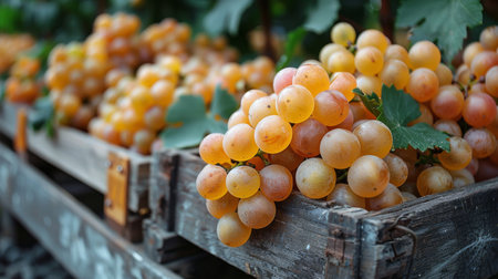 Cluster of fresh grapes neatly arranged in a wooden crate.の素材