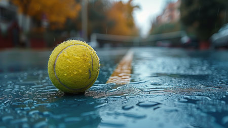 A tennis ball is stationary on the ground in the center of a street, surrounded by asphalt and white road markings.の素材