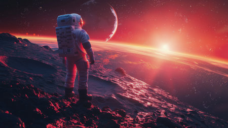 A man wearing a space suit stands on a hill, looking out at the vast landscape before him.の素材