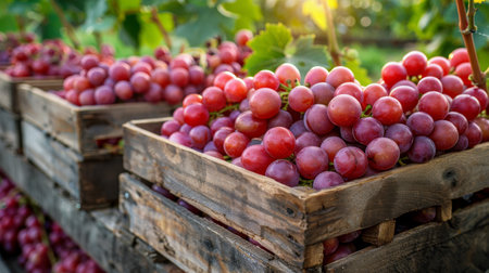 Detailed close-up view of a wooden crate filled with fresh grapes, showing their purple and green colors and juicy texture.の素材