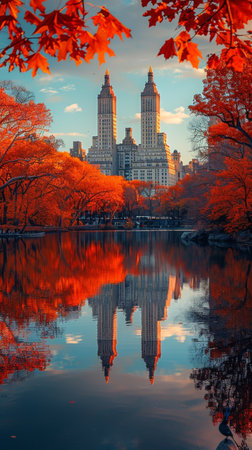 A lake surrounded by trees with vibrant orange leaves during the autumn season.の素材