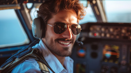 Young smiling pilot in sunglasses sitting at the helm of an airplane.の素材