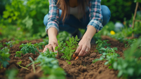 Young beautiful woman. Gardener plants carrots in a garden bed.の素材
