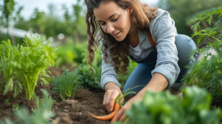 Young beautiful woman. Gardener plants carrots in a garden bed.の素材
