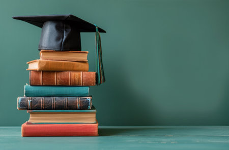 A stack of books with a graduation cap placed on top, symbolizing academic achievement and success.の素材