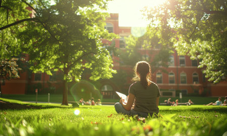 A person sitting cross-legged in the green grass, engrossed in reading a book on a sunny day.の素材