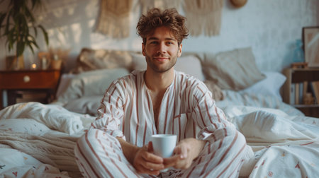 Young handsome man in striped pajamas drinks coffee while sitting on the bed.の素材