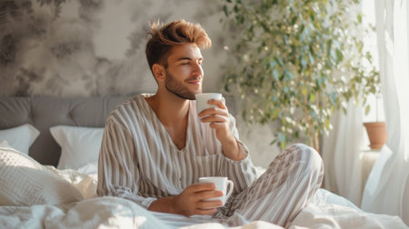 Young handsome man in striped pajamas drinks coffee while sitting on the bed.の素材