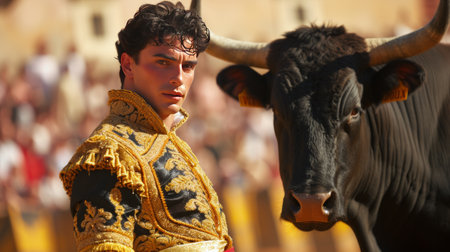 Young handsome Todor performs at a bullfight.の素材