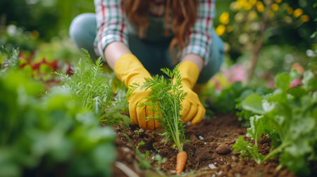 Young beautiful woman. Gardener plants carrots in a garden bed.の素材