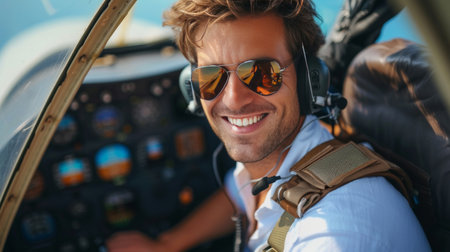 Young smiling pilot in sunglasses sitting at the helm of an airplane.の素材