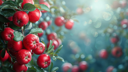A cluster of ripe red apples hanging from branches on a tree.の素材
