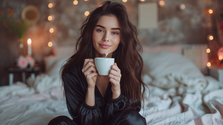 Young pretty woman in black silk pajamas drinks coffee while sitting on the bed.の素材