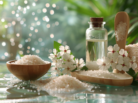 A wooden table is topped with a bowl filled with sea salt crystals, creating a simple yet rustic display.の素材
