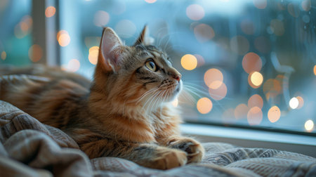 A domestic cat comfortably laying on top of a bed in a room next to a window, basking in the natural light.の素材