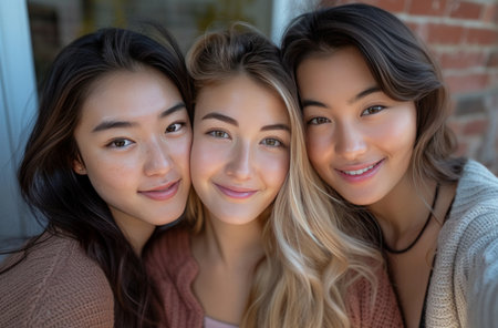 group selfie of three young women.の素材
