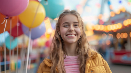 Happy girl with colorful balloons walks through an amusement park.の素材