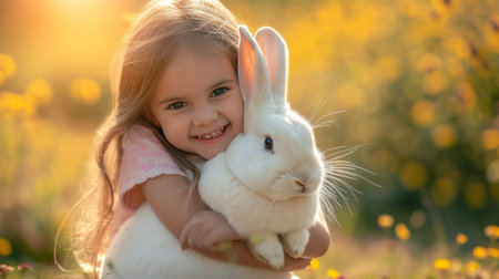 happy little girl hugging a large white rabbit on the background of a summer sunny garden.の素材