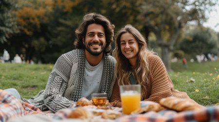 Happy beautiful young couple eating croissant while sitting on the grass on the lawn.の素材