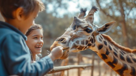 Happy family feeding a giraffe at the zoo.の素材
