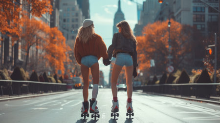 two young beautiful girlfriends roller skating in the center city.の素材
